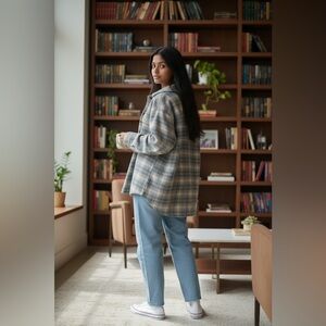 American Eagle Long Oversized Blue & Cream Shacket - Lined - Large